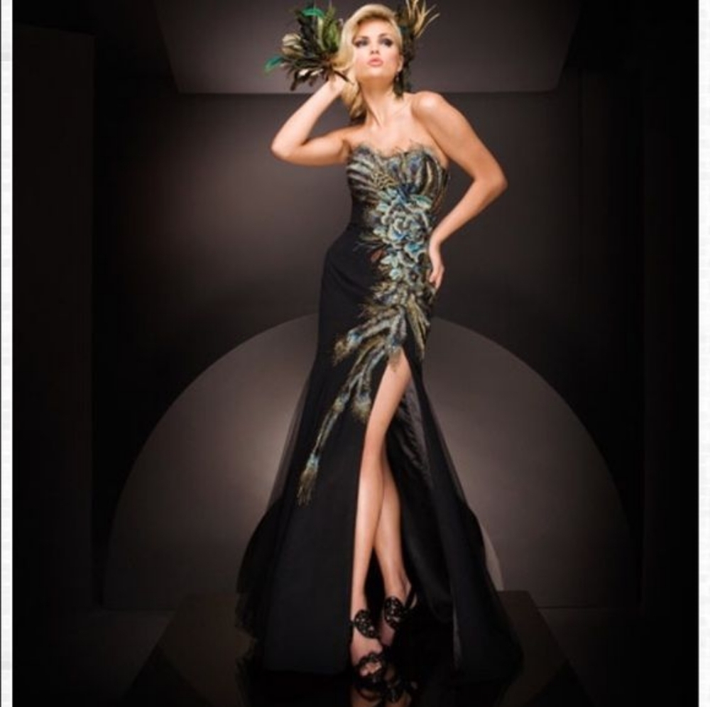 Tony Bowls Black Peacock Evening Prom Gown